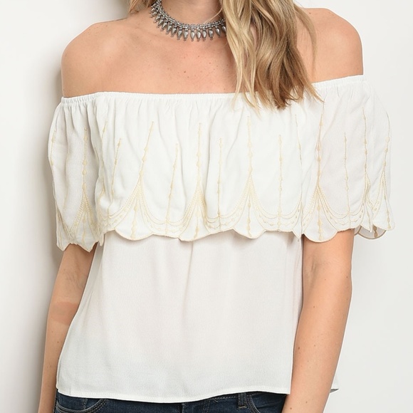 Tops - Trendy Off the Shoulder Flowy Embroidered Top
